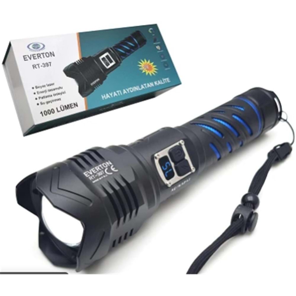 Everton RT-397 Metal Fener 1000 lümen Şarjlı 50W Su Geçirmez (Parlaklık Ayarl ) Led Gösterge