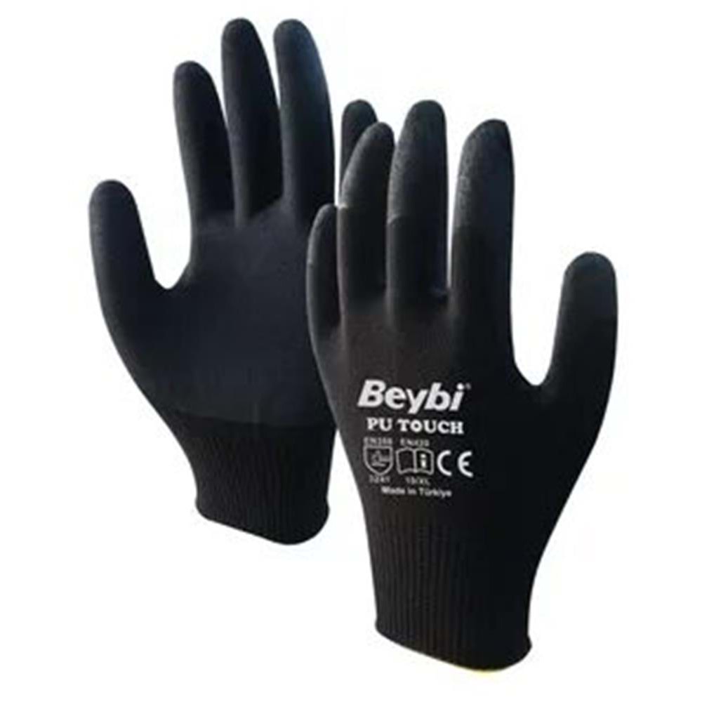 Beybi 10 Beden 12li Paket Poliüretan Kaplı Pu Touch Siyah Montaj Eldiven EN388 (3121X)
