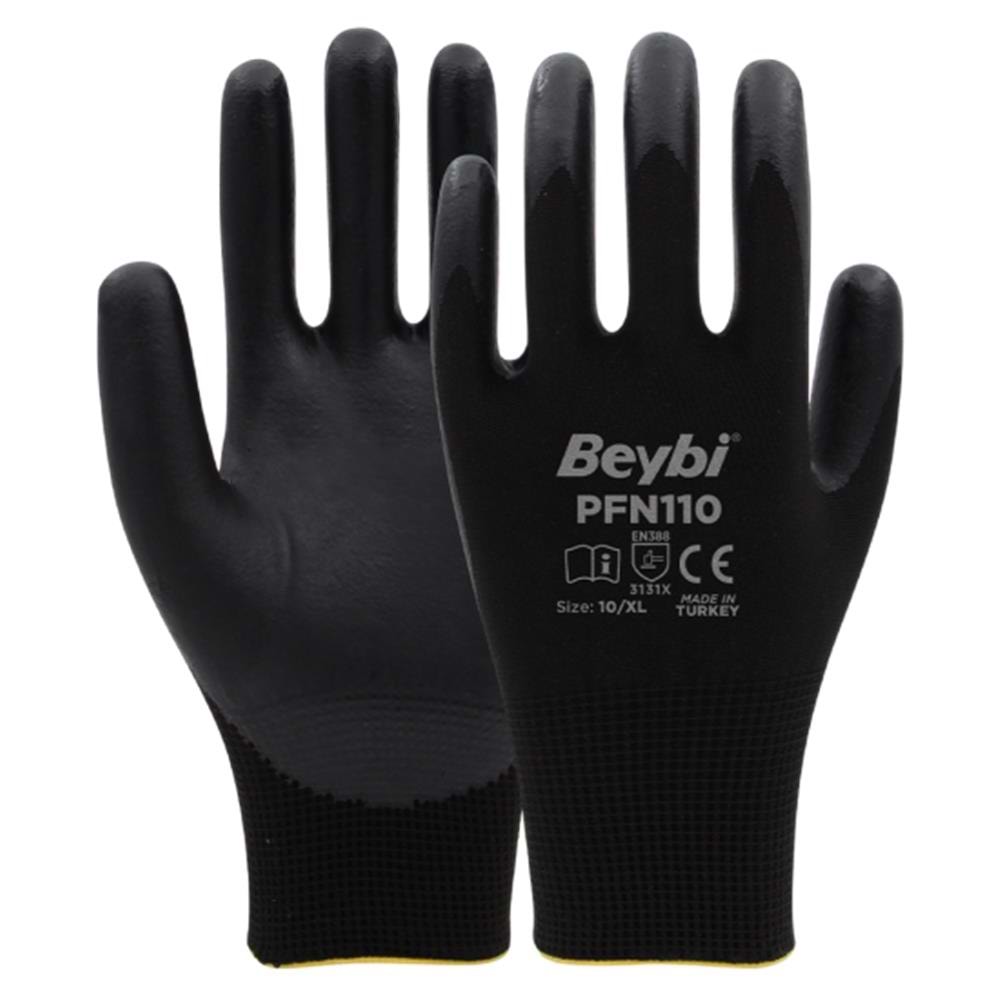 PFN110 10 Beden Siyah Polyester Örgü Üzeri ½ Köpük Nitril Kaplı Eldiven 12li Paket En388 (3131X)