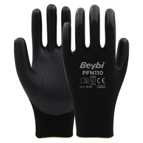 PFN110 10 Beden Siyah Polyester Örgü Üzeri ½ Köpük Nitril Kaplı Eldiven 12li Paket En388 (3131X)