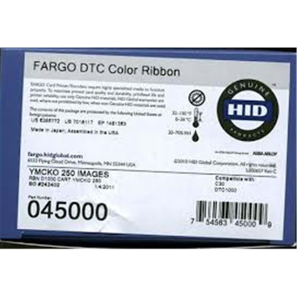 Fargo 045000 DTC1000-DTC1250e YMCKO Renkli Ribbon Tek Yüze 250 Renkli Baskı