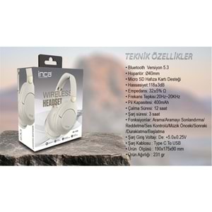 Inca IBK-503B Beyaz 5.3 Bluetooth Wireless Kulaklık Micro Sd Kulaklık 400mah Type-c To USB