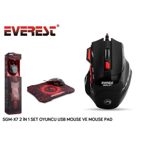 Everest SGM-X7 Usb Siyah Makrolu 7200dpi Oyuncu Mouse +Gaming Mouse Pad