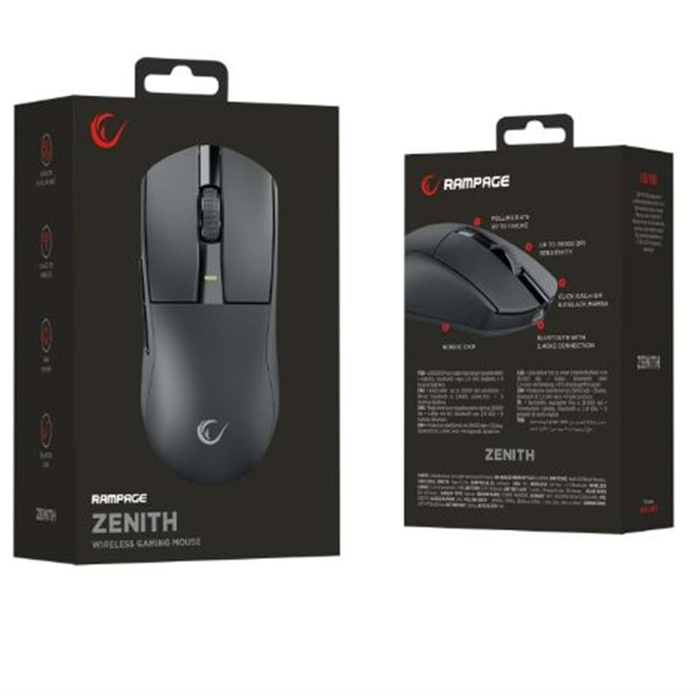 Rampage ZENITH BT+Wired+2.4G Siyah Kablosuz PAW3395 52833 MCU Gaming Oyuncu Mouse