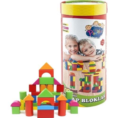 Playwood Silindir Kutulu 100 Parça Renkli Ahşap Bloklar