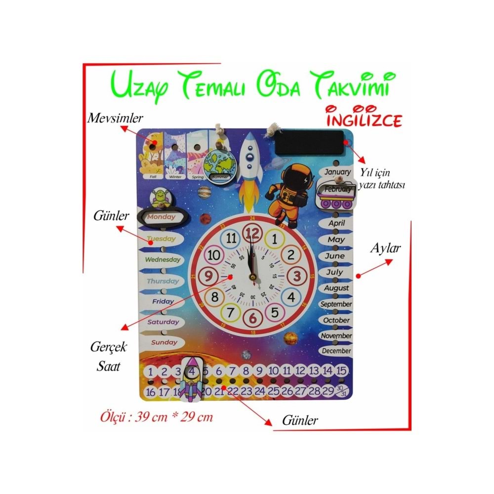Ankebut Oyuncak Çocuk Odası Ingilizce Gezegen Temalı Gerçek Saatli Duvar Takvimi