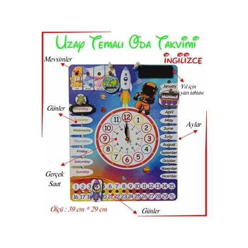 Ankebut Oyuncak Çocuk Odası Ingilizce Gezegen Temalı Gerçek Saatli Duvar Takvimi