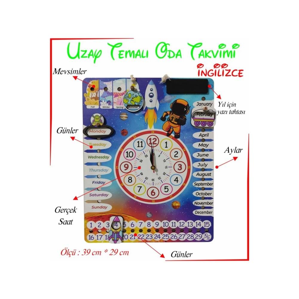 Ankebut Oyuncak Çocuk Odası Ingilizce Gezegen Temalı Gerçek Saatli Duvar Takvimi