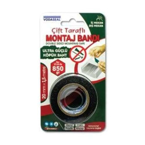 Vodaseal Çift Taraflı Montoj Bantı 20mmX1,5mt (Metal-Cam-Plastik-Ahşap)