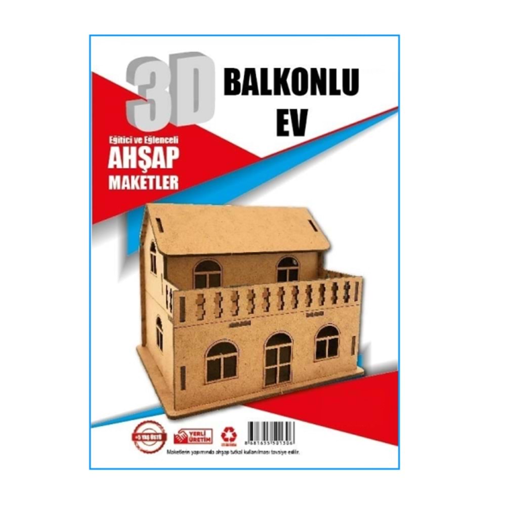 Alsa 3D Ahşap Maket Yap Boya Balkonlu Ev