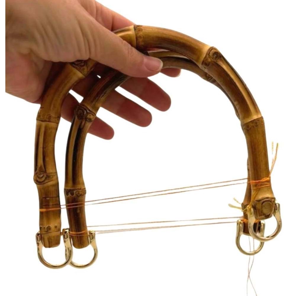 Çanta Aksesuar 18 cm Çift Gerçek Bambu Çanta Sapı Düz Halkalı (Light Gold Metalli)