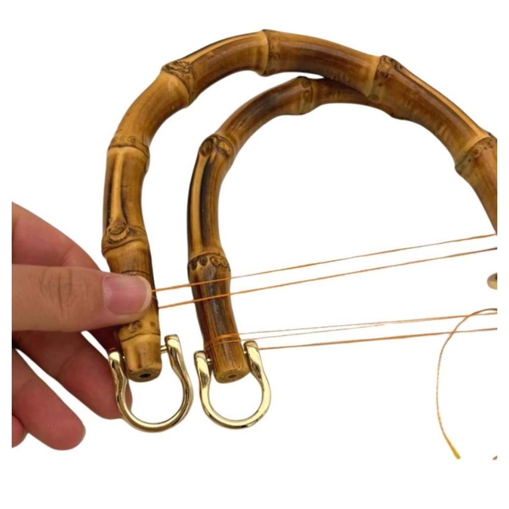 Çanta Aksesuar 18 cm Çift Gerçek Bambu Çanta Sapı Düz Halkalı (Light Gold Metalli)