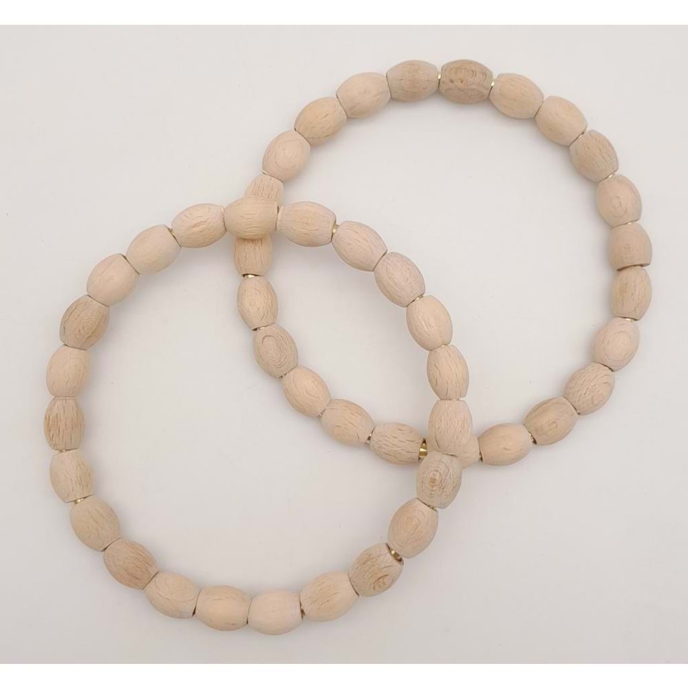 Çanta Aksesuar 12 cm Oval Ahşap Boncuklu Bilezik Model Ham Ahşap Çift Sap