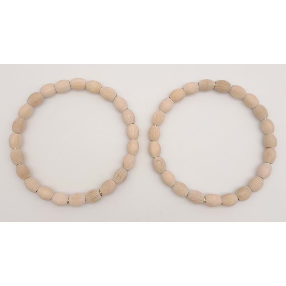 Çanta Aksesuar 12 cm Oval Ahşap Boncuklu Bilezik Model Ham Ahşap Çift Sap