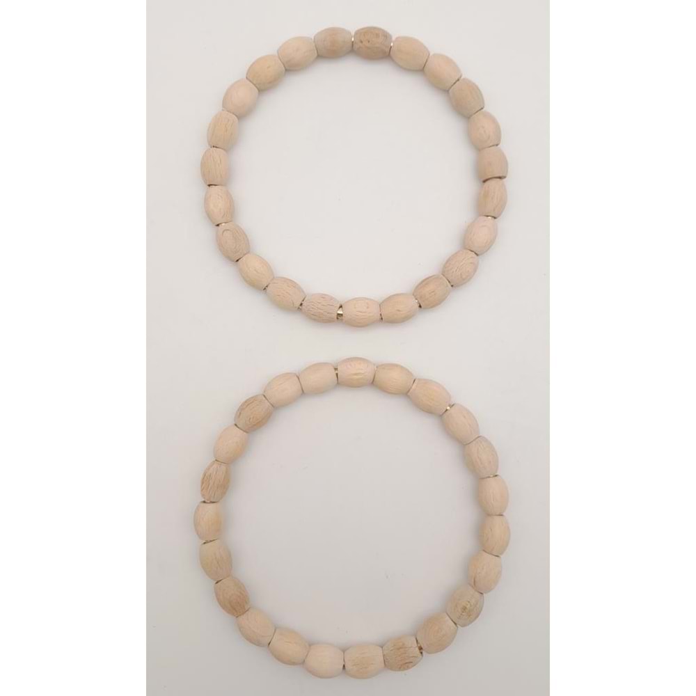 Çanta Aksesuar 12 cm Oval Ahşap Boncuklu Bilezik Model Ham Ahşap Çift Sap