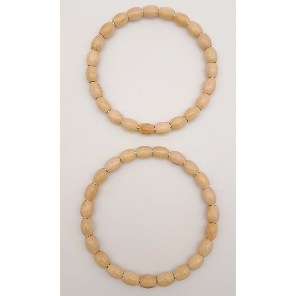 Çanta Aksesuar 12 cm Oval Ahşap Boncuklu Bilezik Model Açık Ahşap Çift Sap