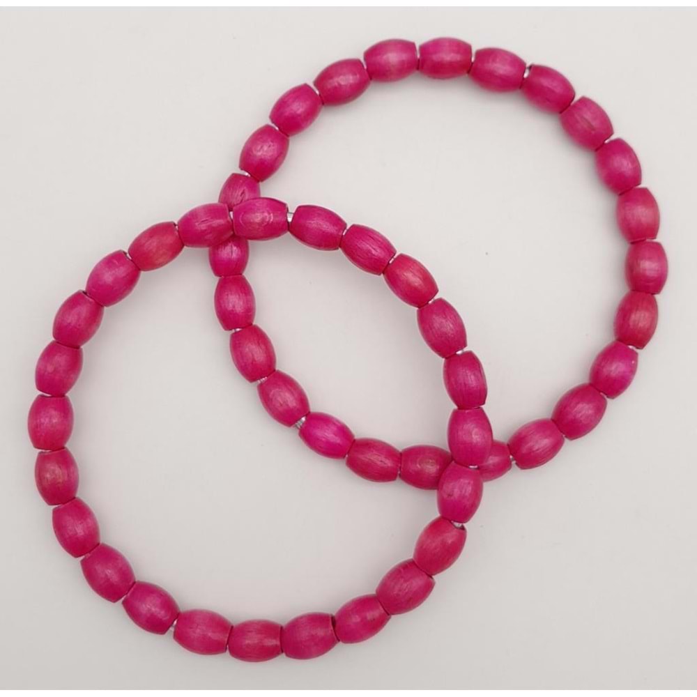 Çanta Aksesuar 12 cm Oval Ahşap Boncuklu Bilezik Model Fuşya Renk Çift Sap