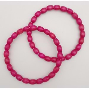 Çanta Aksesuar 12 cm Oval Ahşap Boncuklu Bilezik Model Fuşya Renk Çift Sap