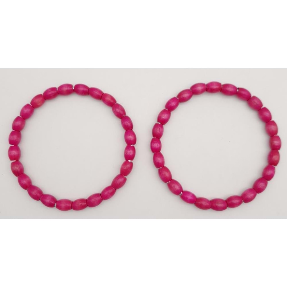 Çanta Aksesuar 12 cm Oval Ahşap Boncuklu Bilezik Model Fuşya Renk Çift Sap