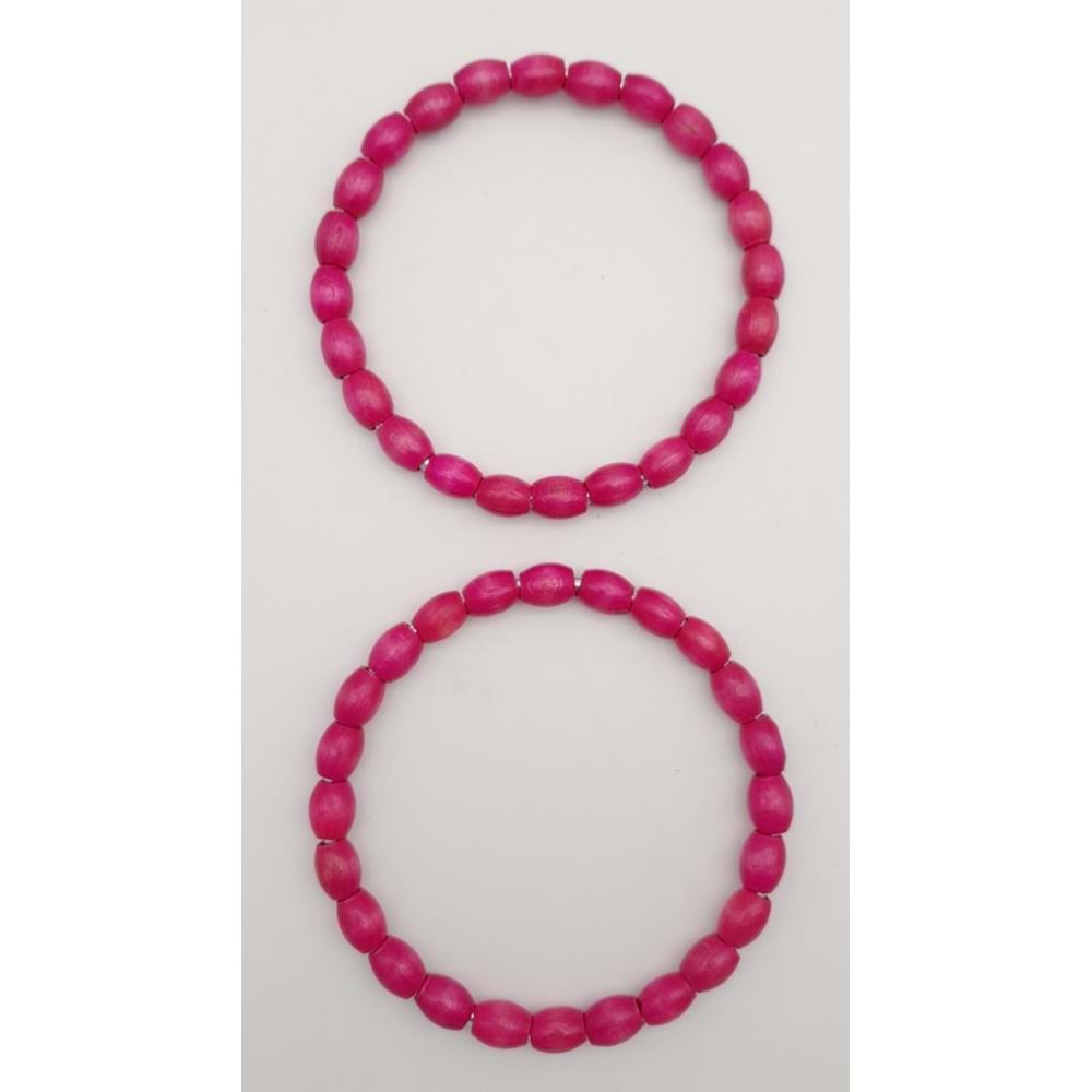 Çanta Aksesuar 12 cm Oval Ahşap Boncuklu Bilezik Model Fuşya Renk Çift Sap