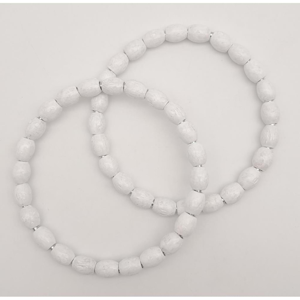 Çanta Aksesuar 12 cm Oval Ahşap Boncuklu Bilezik Model Beyaz Renk Çift Sap