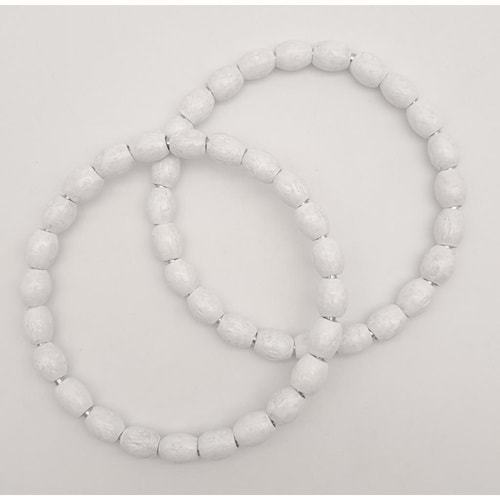 Çanta Aksesuar 12 cm Oval Ahşap Boncuklu Bilezik Model Beyaz Renk Çift Sap