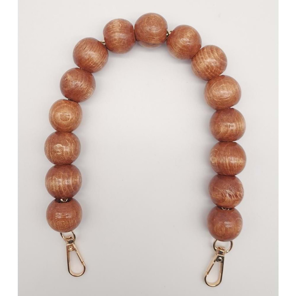 Çanta Aksesuar 40 cm Ahşap Boncuklu Taba Renk Kancalı Tek Sap Light Gold Metalli