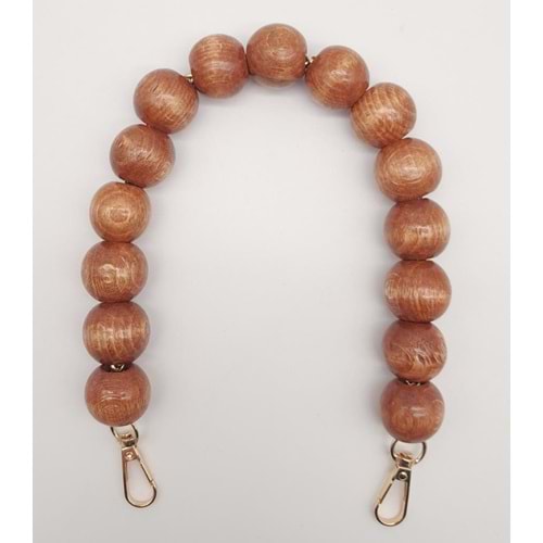 Çanta Aksesuar 40 cm Ahşap Boncuklu Taba Renk Kancalı Tek Sap Light Gold Metalli