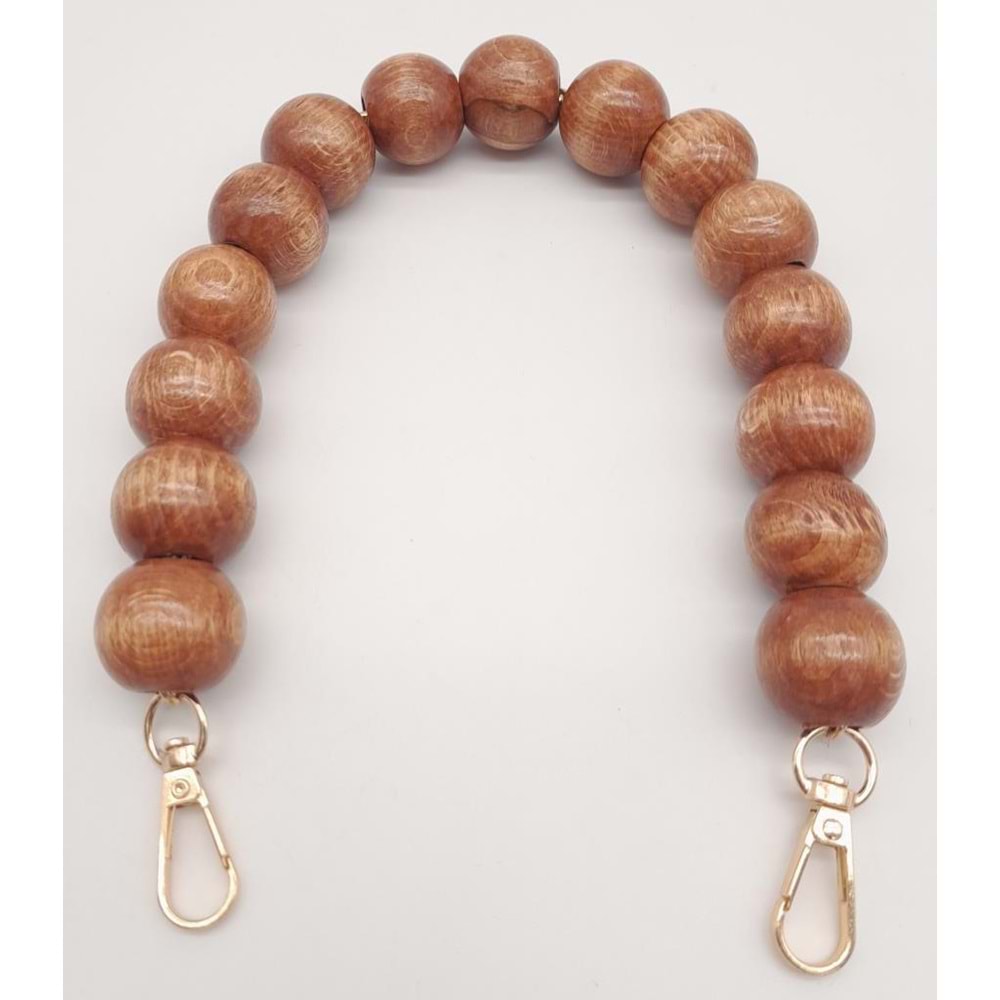 Çanta Aksesuar 40 cm Ahşap Boncuklu Taba Renk Kancalı Tek Sap Light Gold Metalli