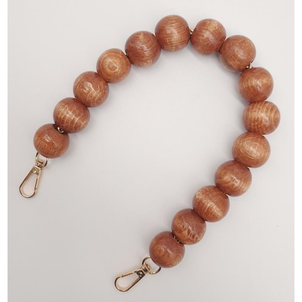 Çanta Aksesuar 40 cm Ahşap Boncuklu Taba Renk Kancalı Tek Sap Light Gold Metalli