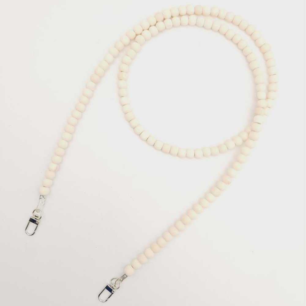 Çanta Aksesuar 120 cm Ham Doğal Renk 8 mm Ahşap Boncuklu Çanta Sapı Gümüş Metalli