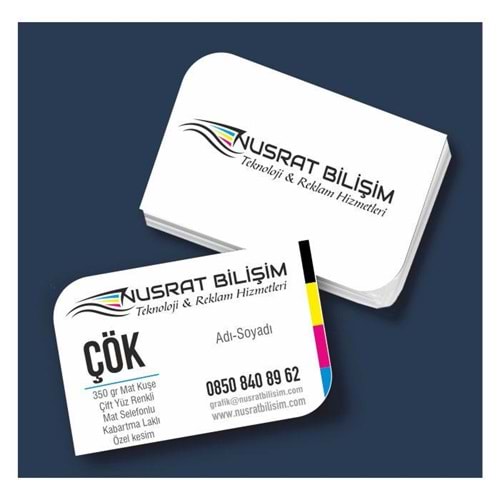 Kartvizit 350 gr Mat Kuşe Çift Yüz 4 Renk Mat Selefonlu Kabartma Laklı Özel Kesim 8,3x5,1 cm 1.000 Adet