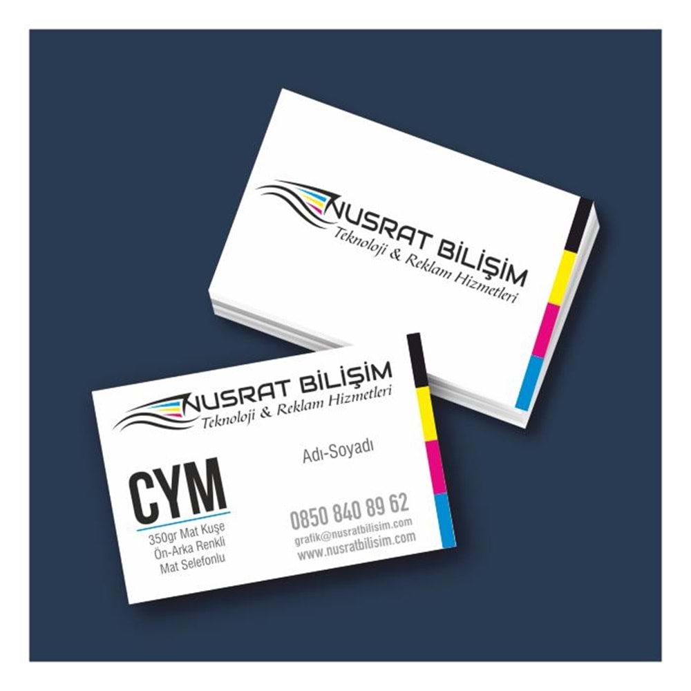 Kartvizit 350 gr Mat Kuşe Çift Yüz 4 Renk Mat Selefonlu 8,3x5,1 cm 1.000 Adet