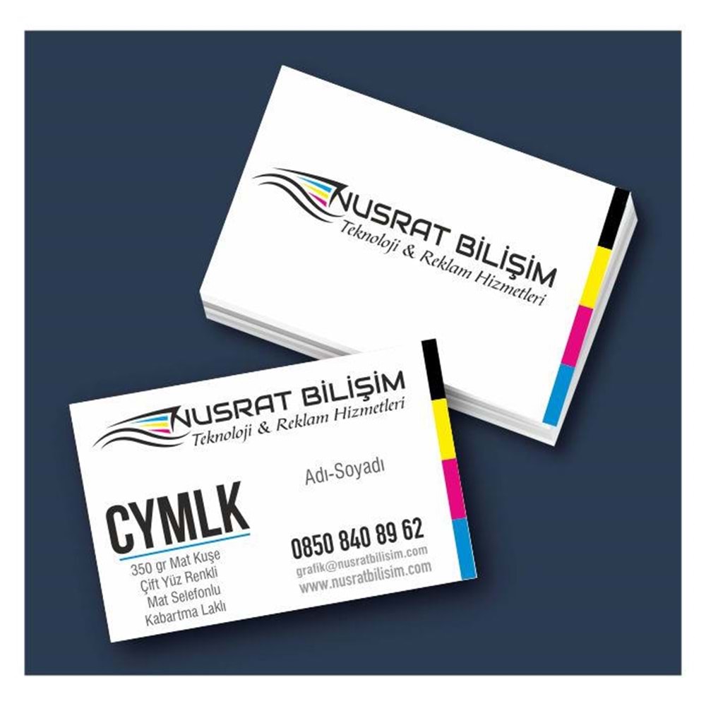 Kartvizit 350 gr Mat Kuşe Çift Yüz 4 Renk Mat Selefonlu Kabartma Laklı 8,3x5,1 cm 1.000 Adet