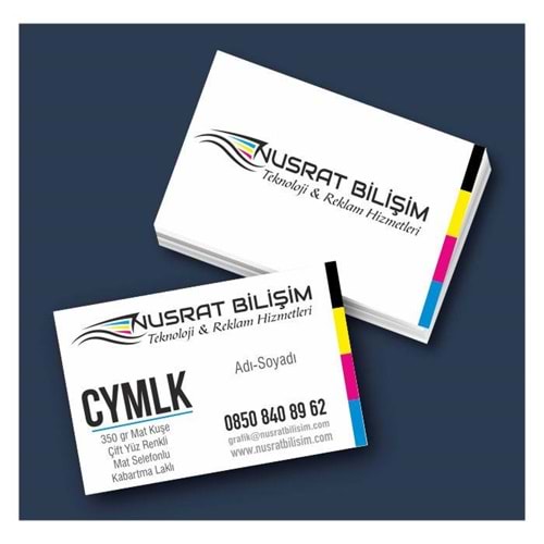 Kartvizit 350 gr Mat Kuşe Çift Yüz 4 Renk Mat Selefonlu Kabartma Laklı 8,3x5,1 cm 1.000 Adet