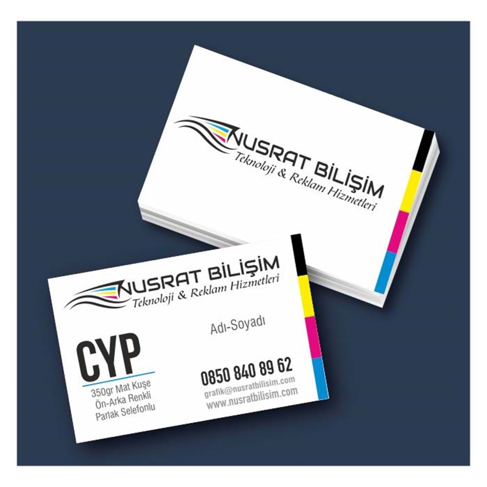Kartvizit 350 gr Mat Kuşe Çift Yüz 4 Renk Parlak Selefonlu 8,3x5,1 cm 1.000 Adet