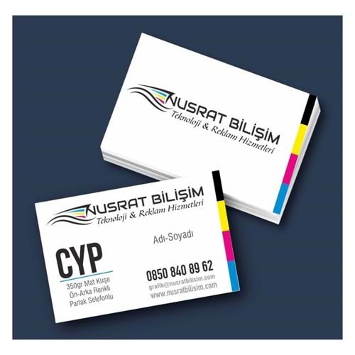 Kartvizit 350 gr Mat Kuşe Çift Yüz 4 Renk Parlak Selefonlu 8,3x5,1 cm 1.000 Adet