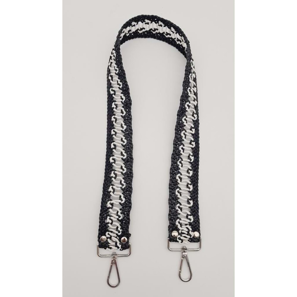 Çanta Aksesuar Ledi Hasır Örgü Model Siyah Beyaz Çanta Sapı Gümüş Metalli