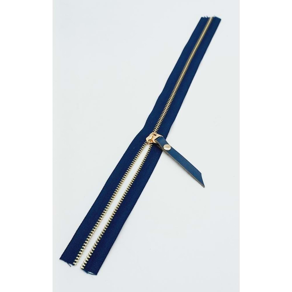 Çanta Aksesuar Gerçek Deri Başlıklı Lacivert Fermuar 40 Cm Light Gold Metal