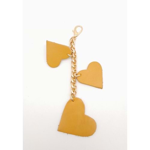 Çanta Aksesuar Hardal Gerçek Deri Kalpli Süs Püskül Light Gold Zincirli