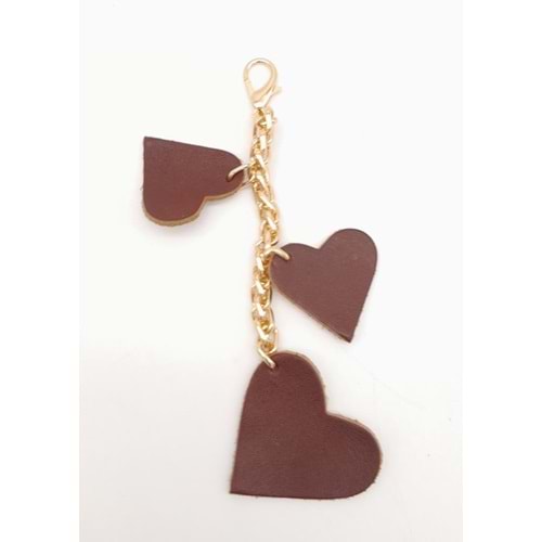 Çanta Aksesuar Kızıl Kahve Gerçek Deri Kalpli Süs Püskül Light Gold Zincirli
