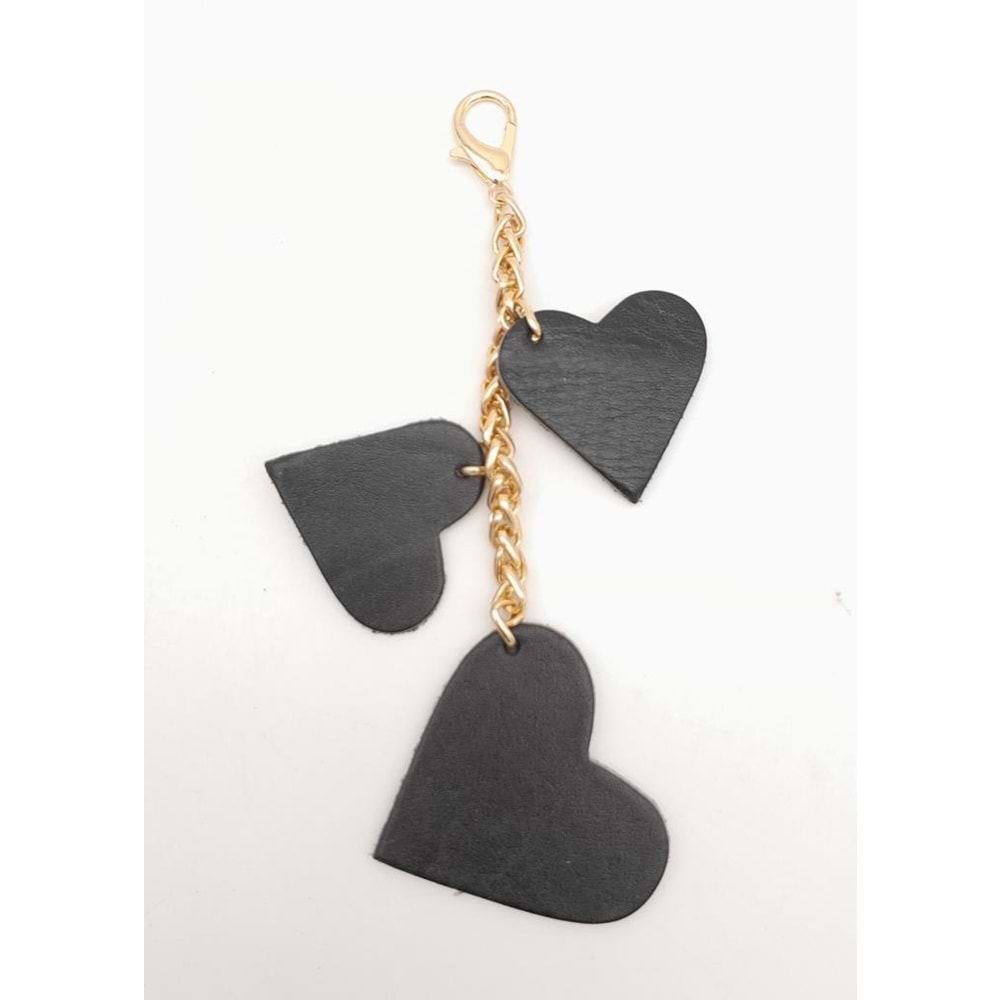 Çanta Aksesuar Siyah Gerçek Deri Kalpli Süs Püskül Light Gold Zincirli