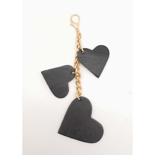 Çanta Aksesuar Siyah Gerçek Deri Kalpli Süs Püskül Light Gold Zincirli