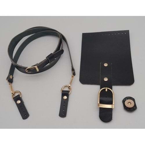 Çanta Aksesuar Siyah Gerçek Deri 130x1.5 cm Ayarlı Saplı Çanta Seti Light Gold Metalli