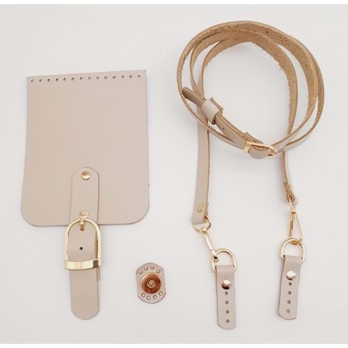 Çanta Aksesuar Bej Gerçek Deri 130x1.5 cm Ayarlı Saplı Çanta Seti Light Gold Metalli