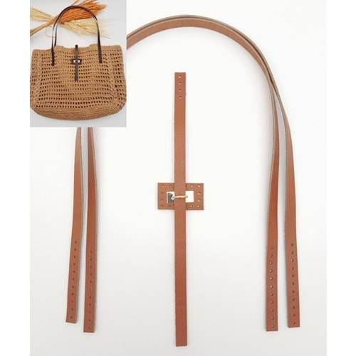 Çanta Aksesuar Gerçek Deri Köprü Kilitli Çanta Seti Taba Renk Light Gold Metalli