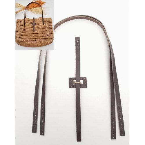 Çanta Aksesuar Gerçek Deri Köprü Kilitli Çanta Seti Koyu Kahverengi Light Gold Metalli