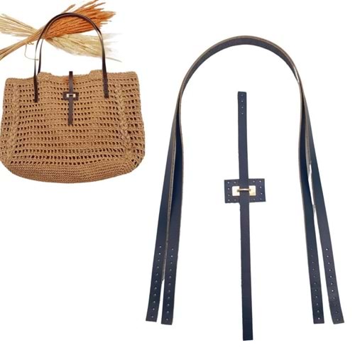 Çanta Aksesuar Gerçek Deri Köprü Kilitli Çanta Seti Lacivert Renk Light Gold Metalli