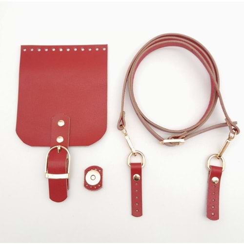 Çanta Aksesuar Kırmızı Gerçek Deri 130x1.5 cm Ayarlı Saplı Çanta Seti Light Gold Metalli