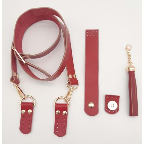Çanta Aksesuar Kırmızı Gerçek Deri 130x2.3 cm Ayarlı Saplı Püsküllü Çanta Seti Light Gold Metalli